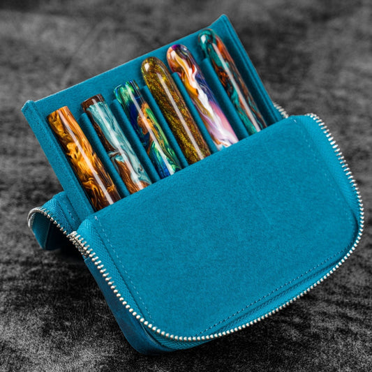 Galen Leather 6 Slot Zippered Magnum Opus Pen Case - Crazy Horse Ocean Blue