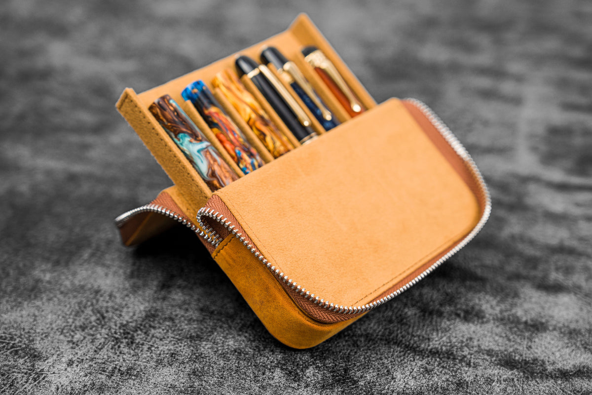 Galen Leather 6 Slot Zippered Magnum Opus Pen Case - Crazy Horse Brown