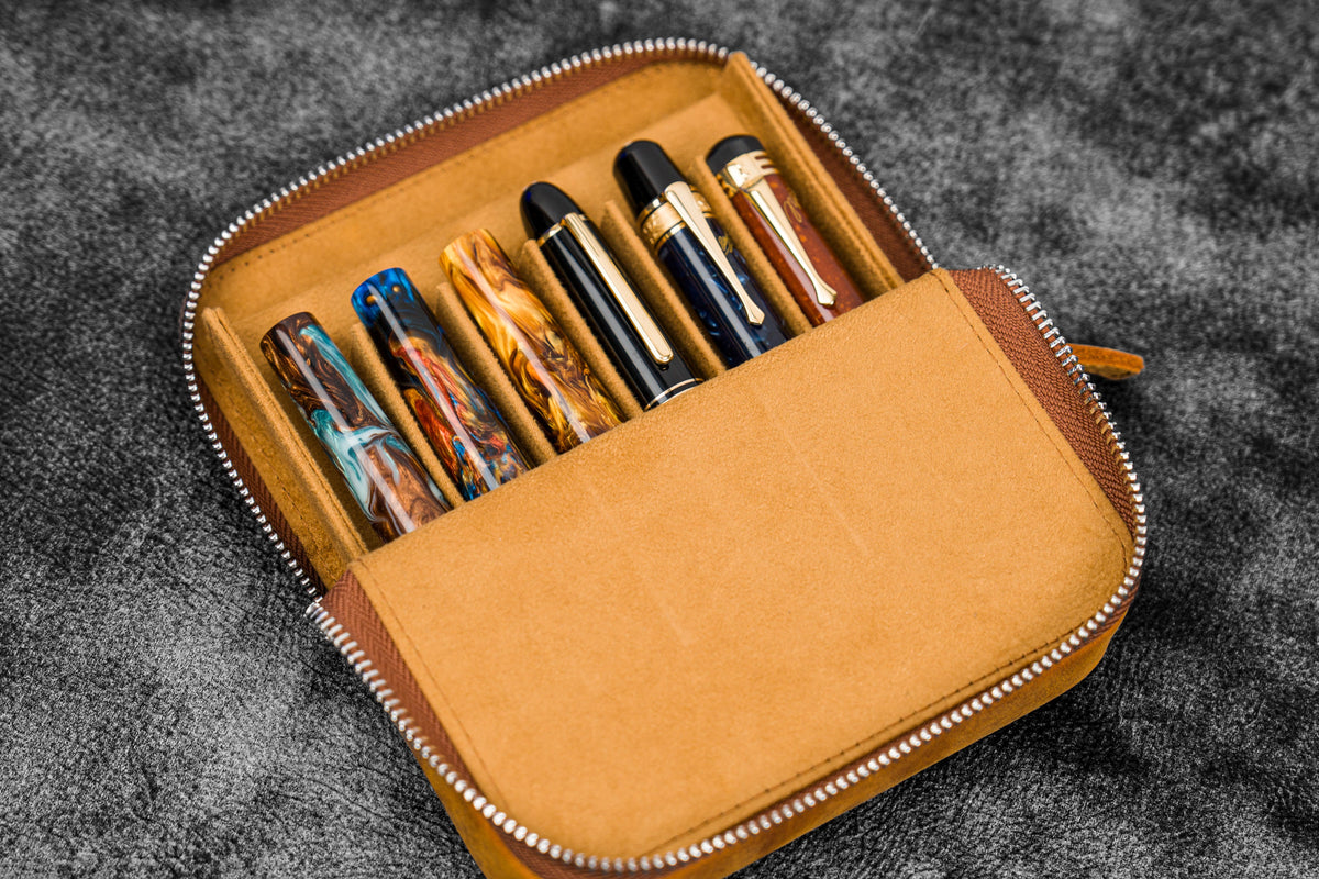 Galen Leather 6 Slot Zippered Magnum Opus Pen Case - Crazy Horse Brown