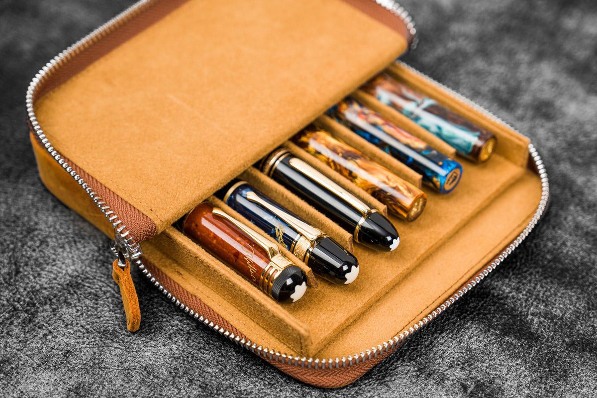 Galen Leather 6 Slot Zippered Magnum Opus Pen Case - Crazy Horse Brown