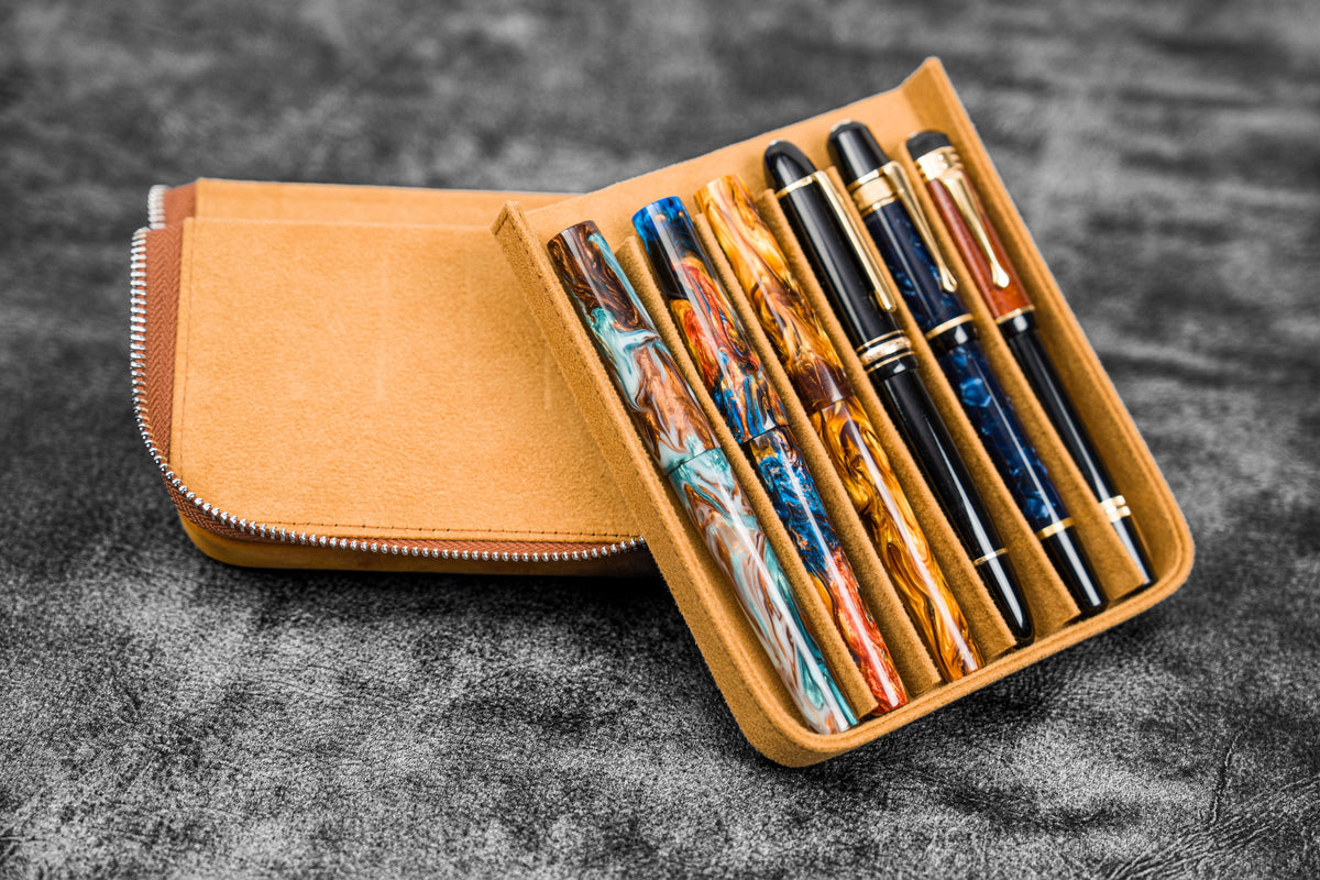 Galen Leather 6 Slot Zippered Magnum Opus Pen Case - Crazy Horse Brown