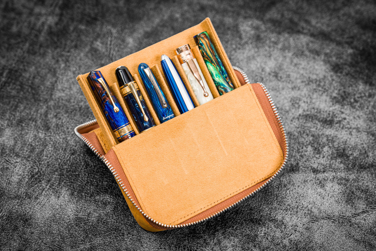 Galen Leather 6 Slot Zippered Magnum Opus Pen Case - Crazy Horse Brown