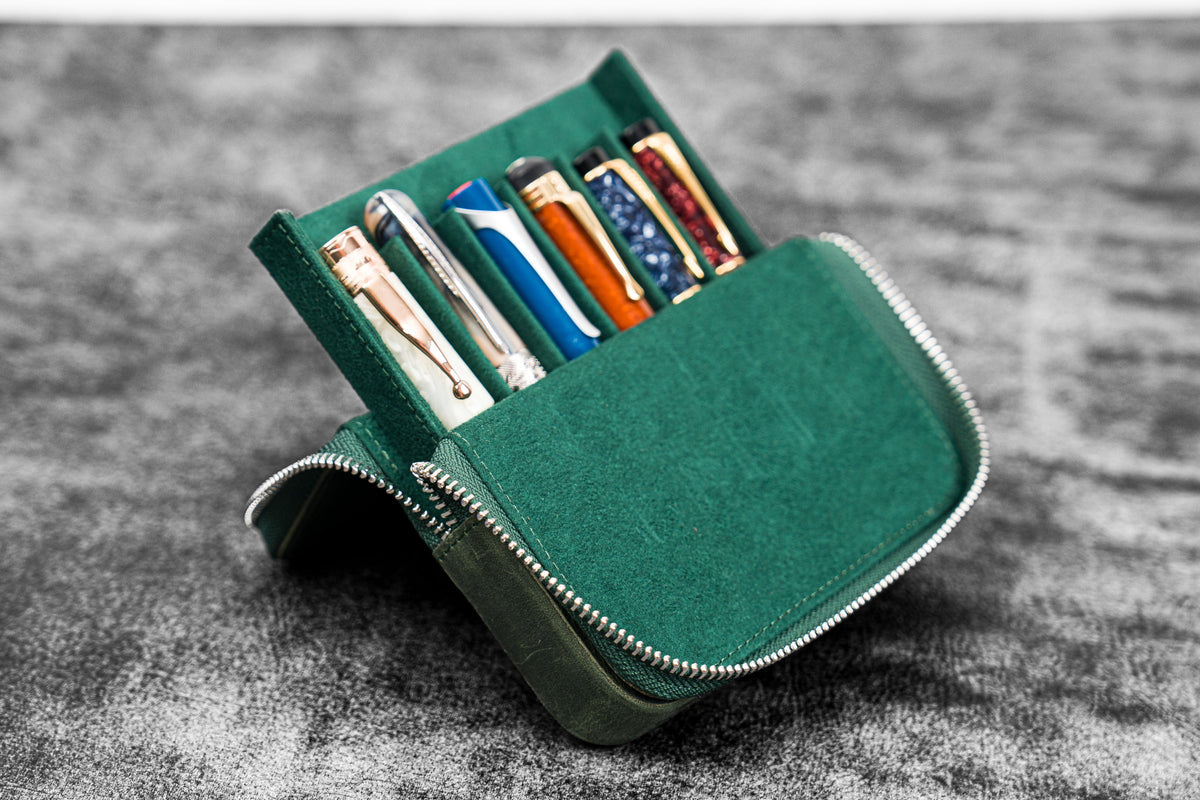 Galen Leather 6 Slot Zippered Magnum Opus Pen Case - Crazy Horse Forest Green
