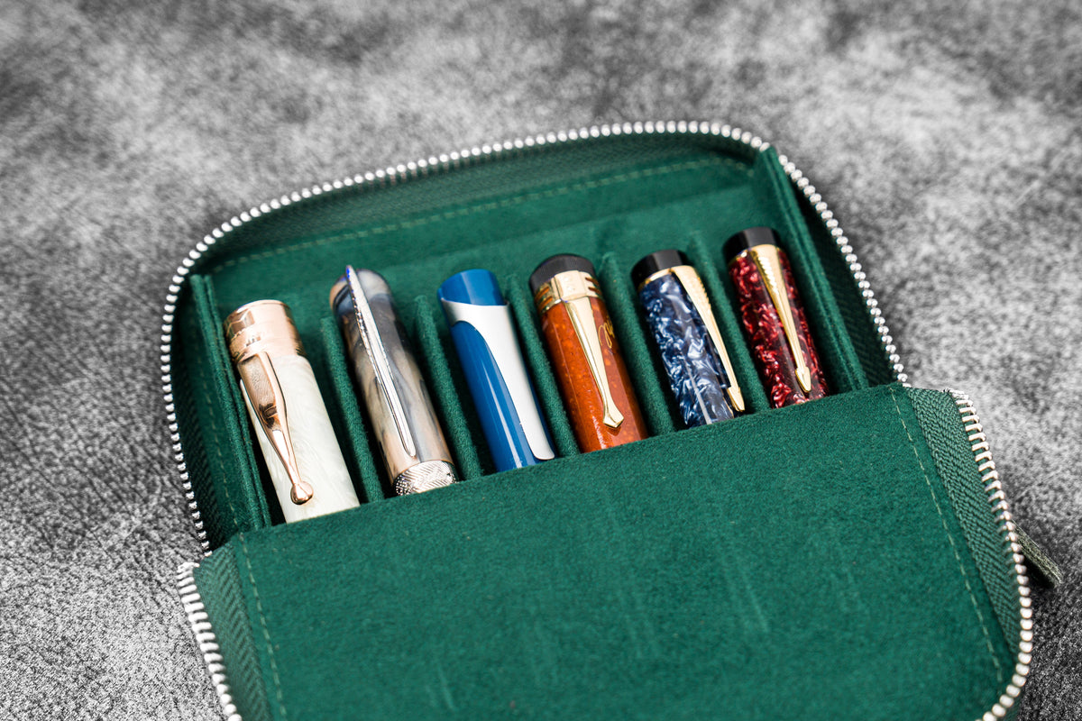 Galen Leather 6 Slot Zippered Magnum Opus Pen Case - Crazy Horse Forest Green