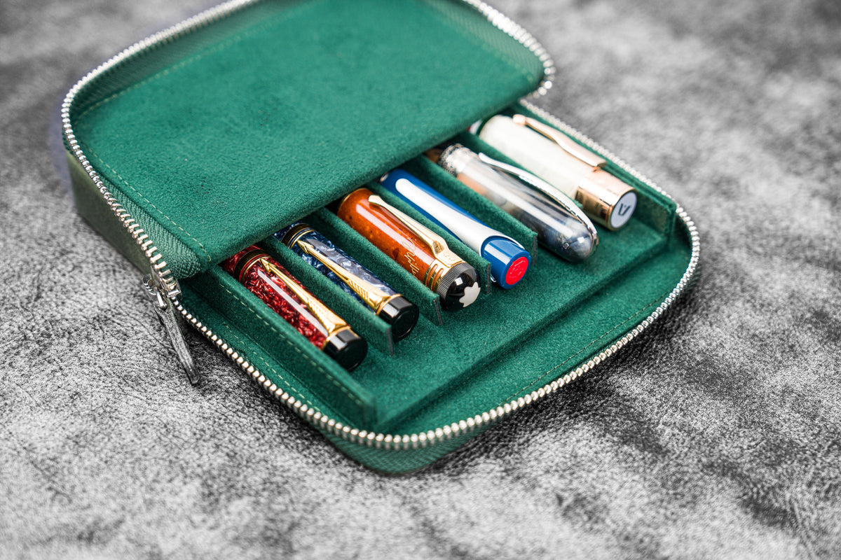 Galen Leather 6 Slot Zippered Magnum Opus Pen Case - Crazy Horse Forest Green