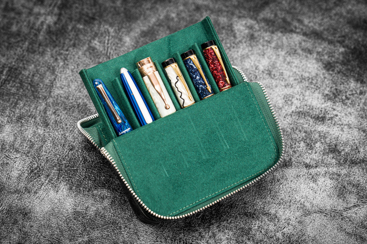 Galen Leather 6 Slot Zippered Magnum Opus Pen Case - Crazy Horse Forest Green
