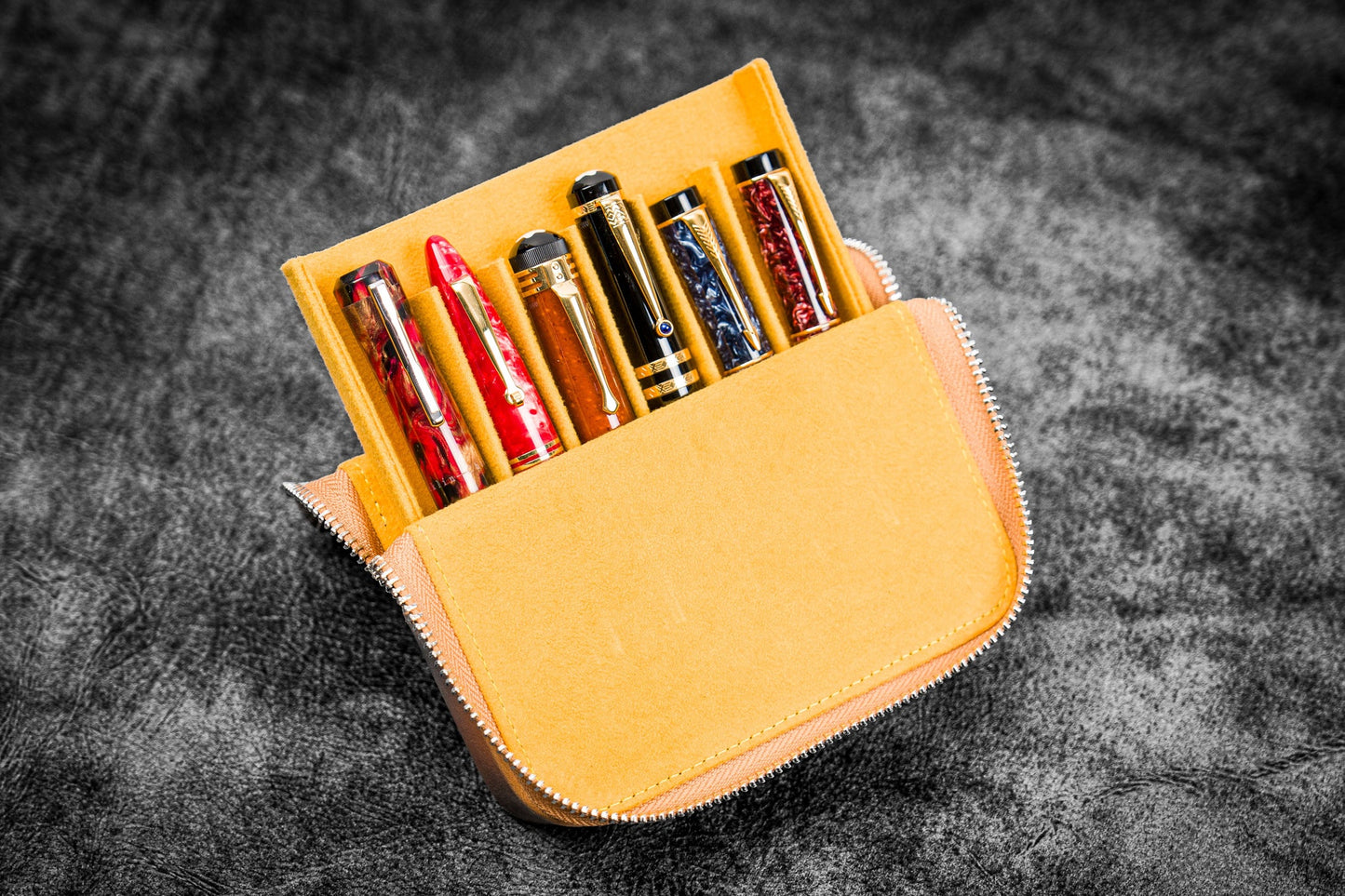 Galen Leather 6 Slot Zippered Magnum Opus Pen Case - Crazy Horse Honey Ochre