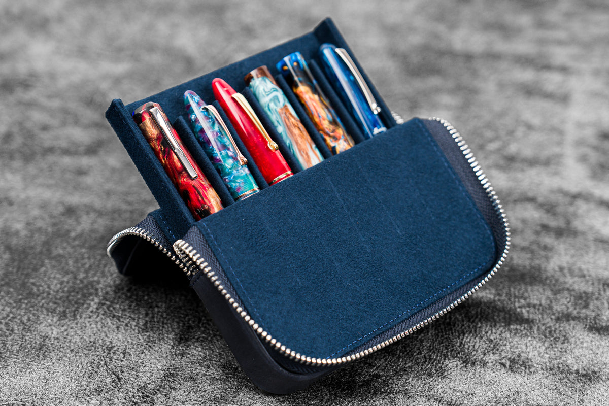 Galen Leather 6 Slot Zippered Magnum Opus Pen Case - Crazy Horse Navy Blue