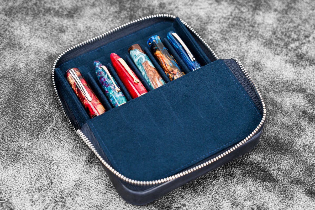 Galen Leather 6 Slot Zippered Magnum Opus Pen Case - Crazy Horse Navy Blue
