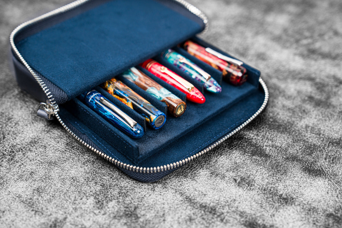 Galen Leather 6 Slot Zippered Magnum Opus Pen Case - Crazy Horse Navy Blue