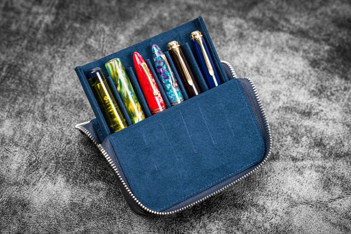 Galen Leather 6 Slot Zippered Magnum Opus Pen Case - Crazy Horse Navy Blue