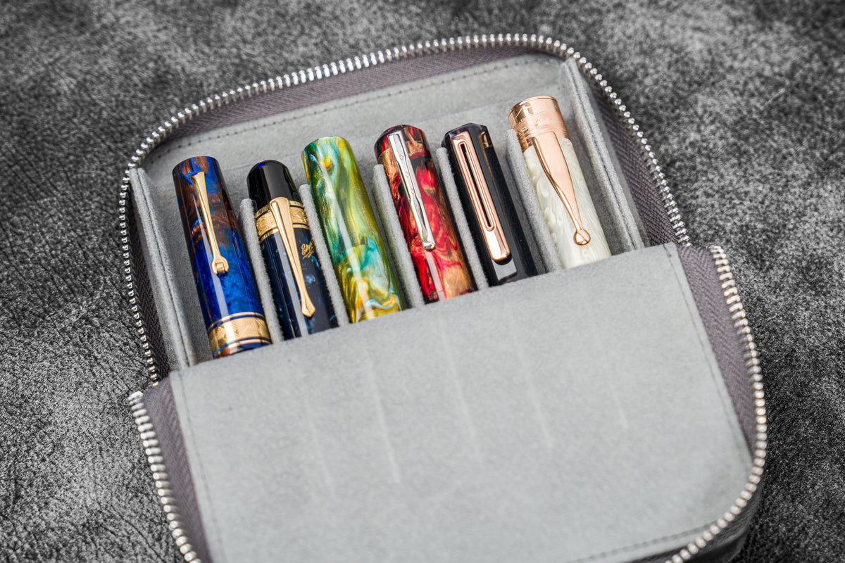 Galen Leather 6 Slot Zippered Magnum Opus Pen Case - Crazy Horse Smoky