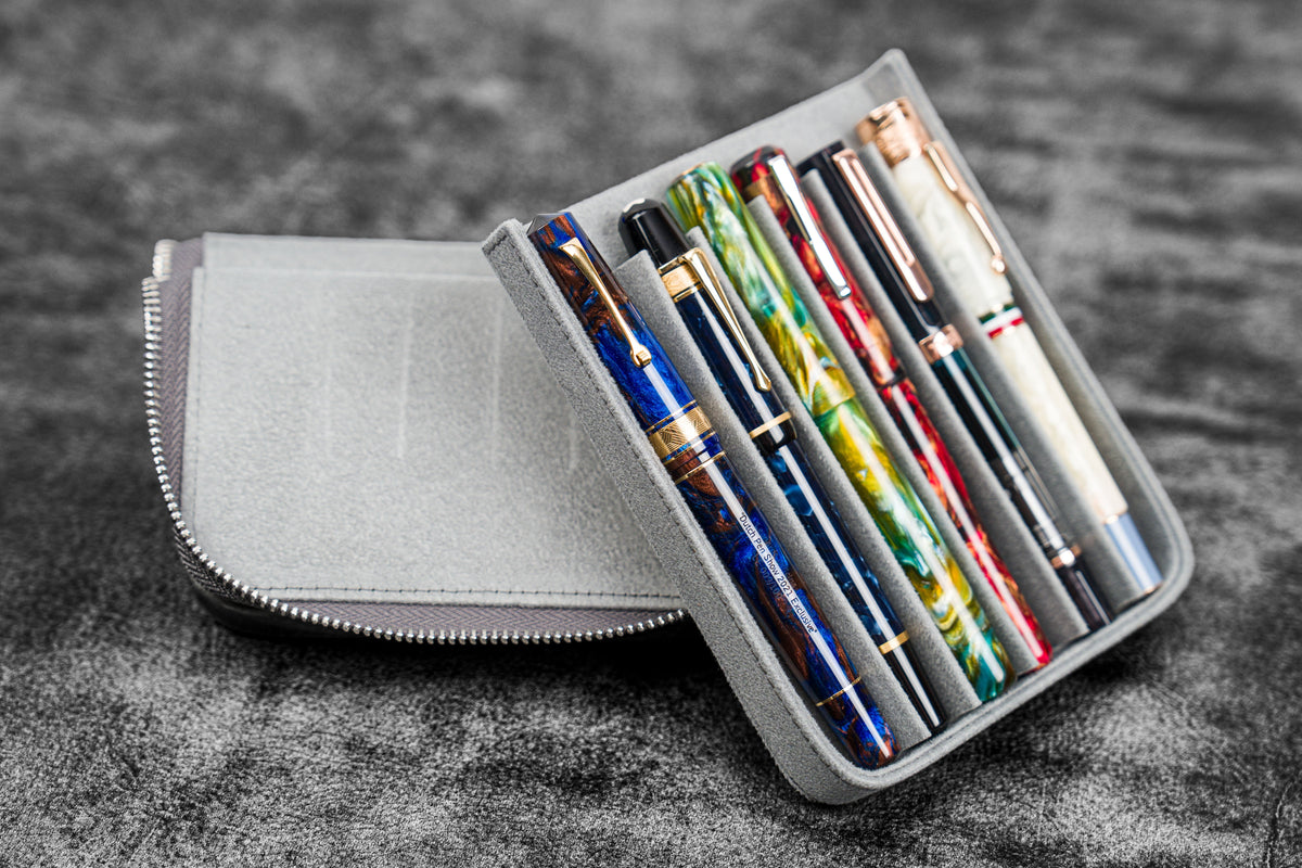 Galen Leather 6 Slot Zippered Magnum Opus Pen Case - Crazy Horse Smoky