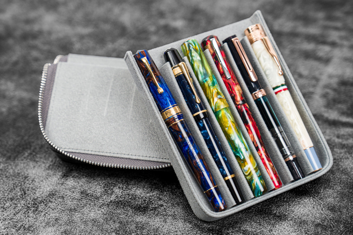 Galen Leather 6 Slot Zippered Magnum Opus Pen Case - Crazy Horse Smoky