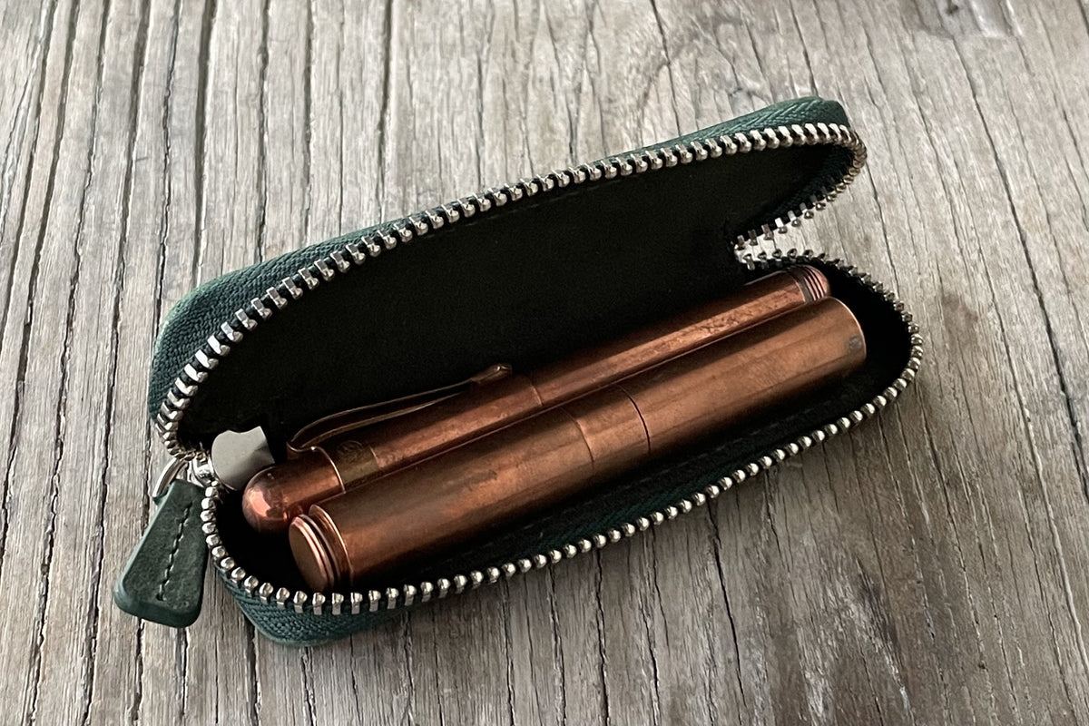 Galen Leather Single Zippered Pen Case for Kaweco Pocket Pen - Crazy Horse Forest Green
