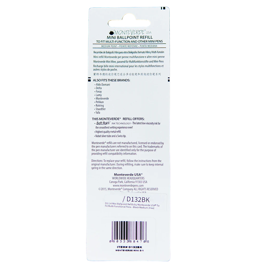 D1 1.4 Mini Ballpoint Refills by Monteverde USA® To Fit Multi Functional Pens - Blue Medium (4 ea)
