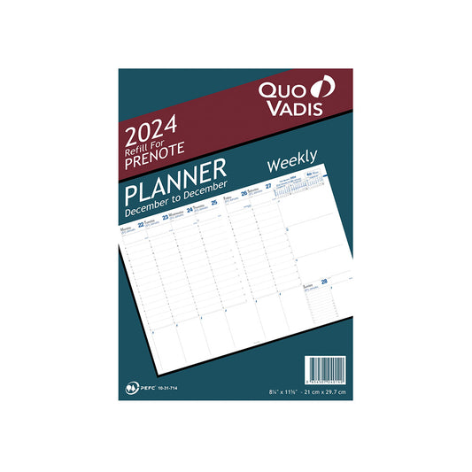 Quo Vadis 2024 Prenote Vertical Weekly Planner with Notes - Refill Only