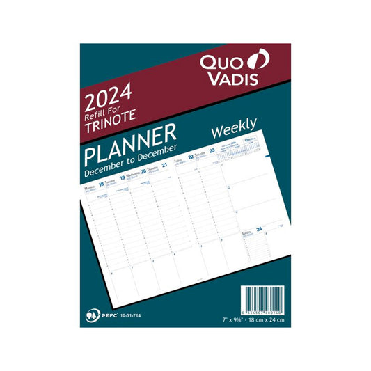 Quo Vadis 2024 Trinote Vertical Weekly Planner with Notes - Refill Only