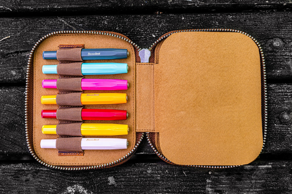 Galen Leather 14 Slot Collector Pen Case for Kaweco Pens - Crazy Horse Brown