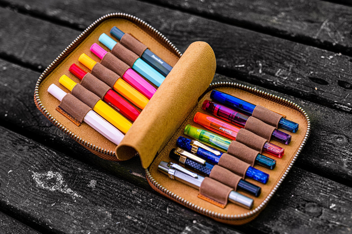 Galen Leather 14 Slot Collector Pen Case for Kaweco Pens - Crazy Horse Brown