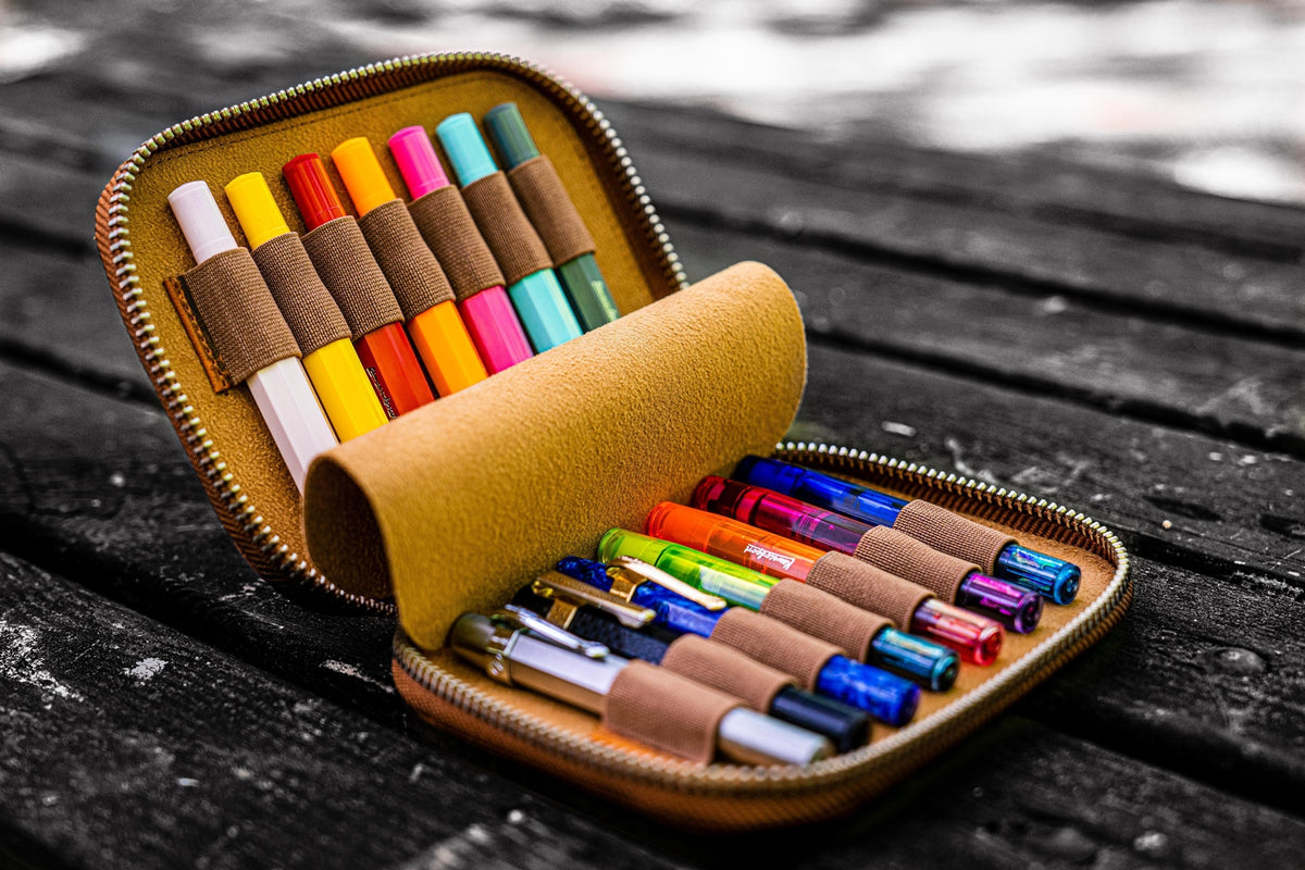 Galen Leather 14 Slot Collector Pen Case for Kaweco Pens - Crazy Horse Brown