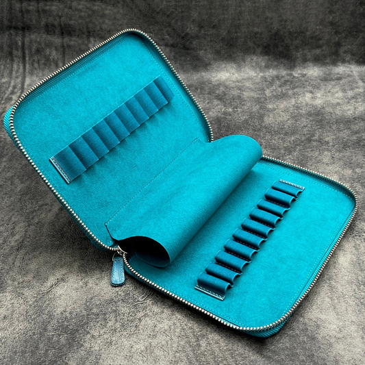 Galen Leather 20 Slot Zippered Pen Case - Crazy Horse Ocean Blue
