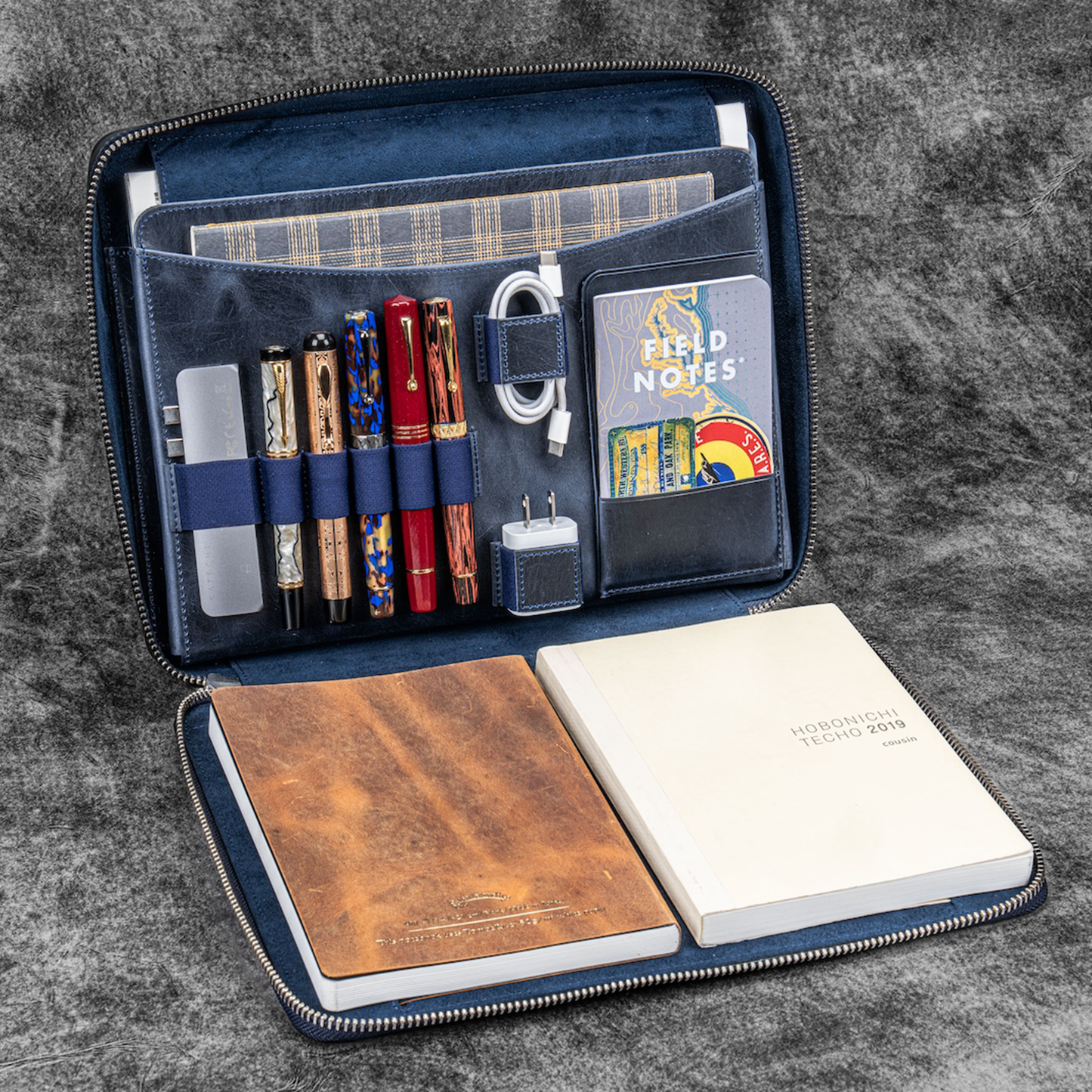 Galen Leather Zippered A4 Folio Compendium Bag - Crazy Horse Navy Blue