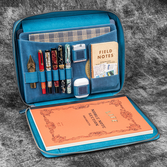 Galen Leather Zippered A4 Folio Compendium Bag - Crazy Horse Ocean Blue