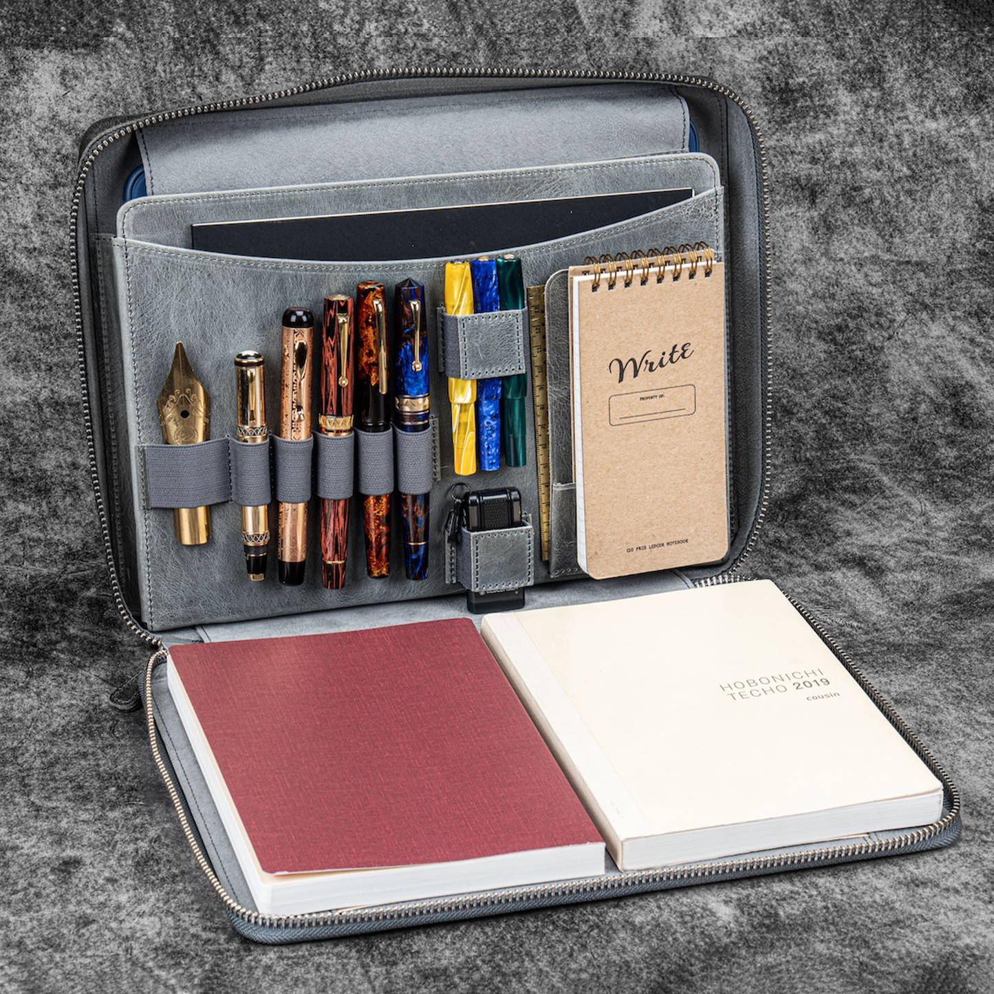 Galen Leather Zippered A4 Folio Compendium Bag - Crazy Horse Smoky