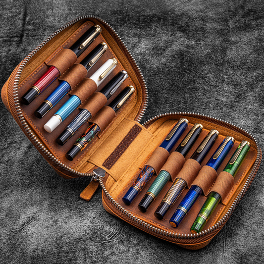Galen Leather A6 Wide Zippered 10 Slot Pen Case Expansi-Pouch - Crazy Horse Brown