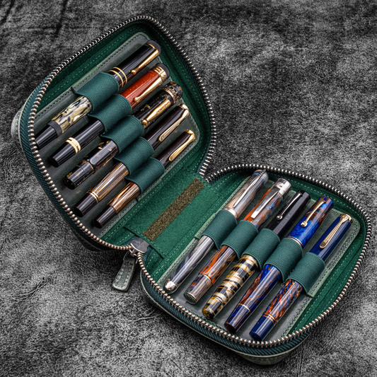 Galen Leather A6 Wide Zippered 10 Slot Pen Case Expansi-Pouch - Crazy Horse Forest Green