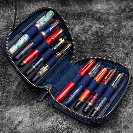 Galen Leather A6 Wide Zippered 10 Slot Pen Case Expansi-Pouch - Crazy Horse Navy Blue
