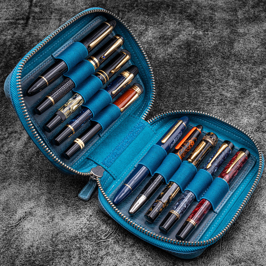 Galen Leather A6 Wide Zippered 10 Slot Pen Case Expansi-Pouch - Crazy Horse Ocean Blue