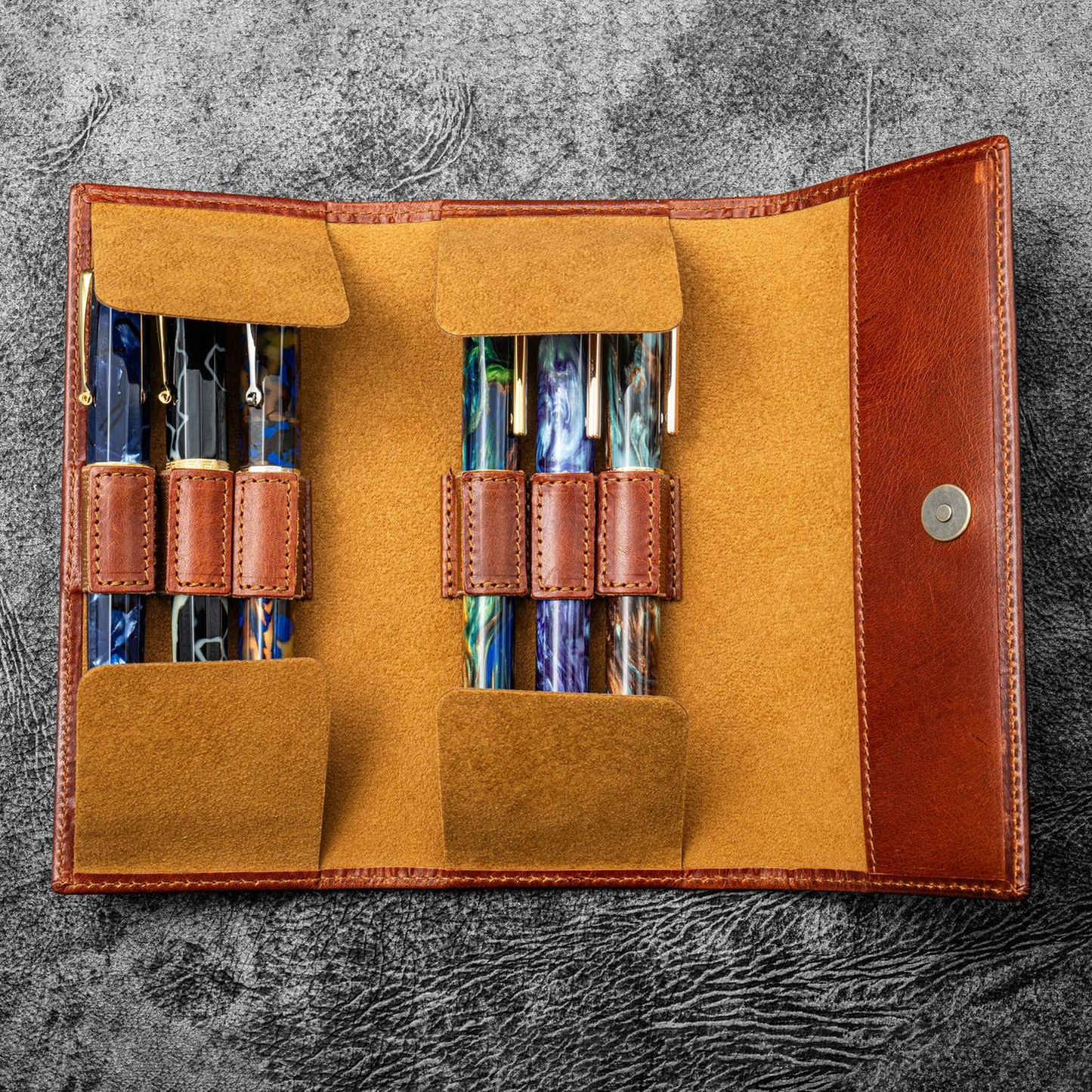 Galen Leather The Writer’s Pen Wrap - 6 Slots Pen Case - Deep Cognac