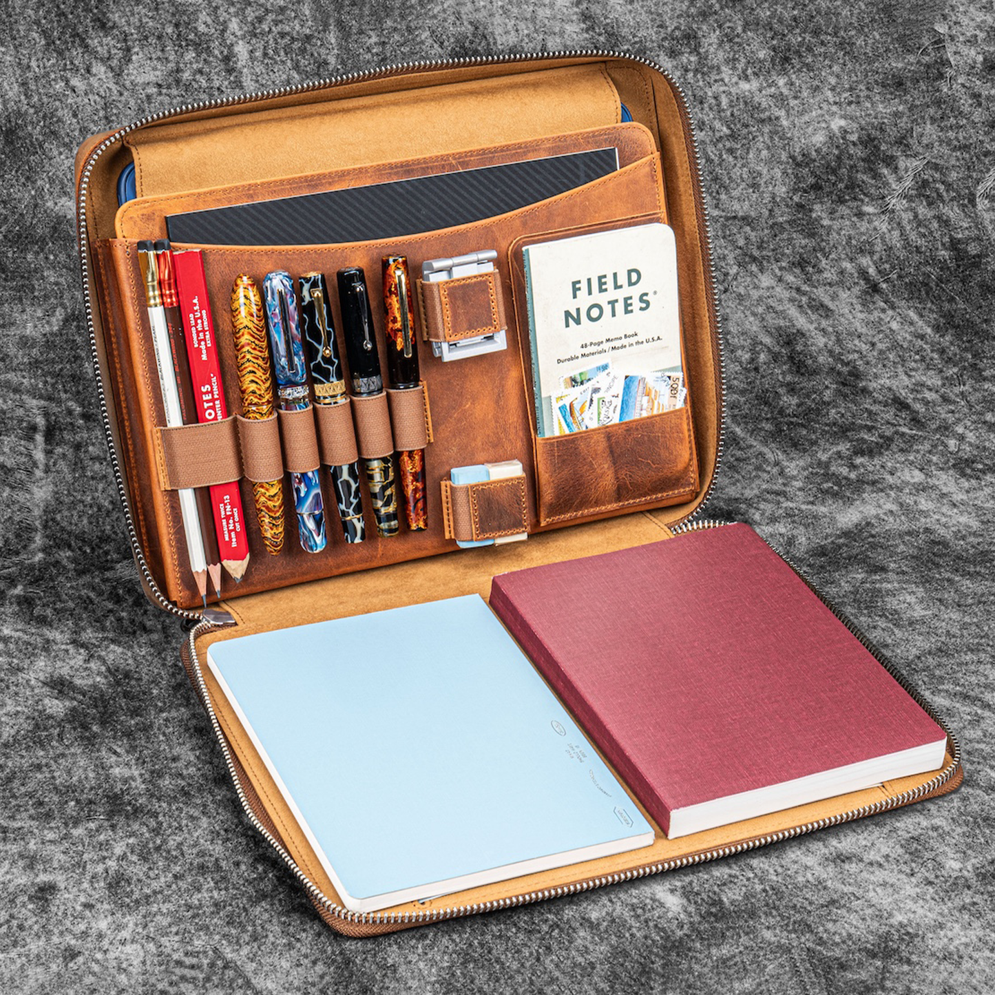 Galen Leather Zippered A4 Folio Compendium Bag - Crazy Horse Brown
