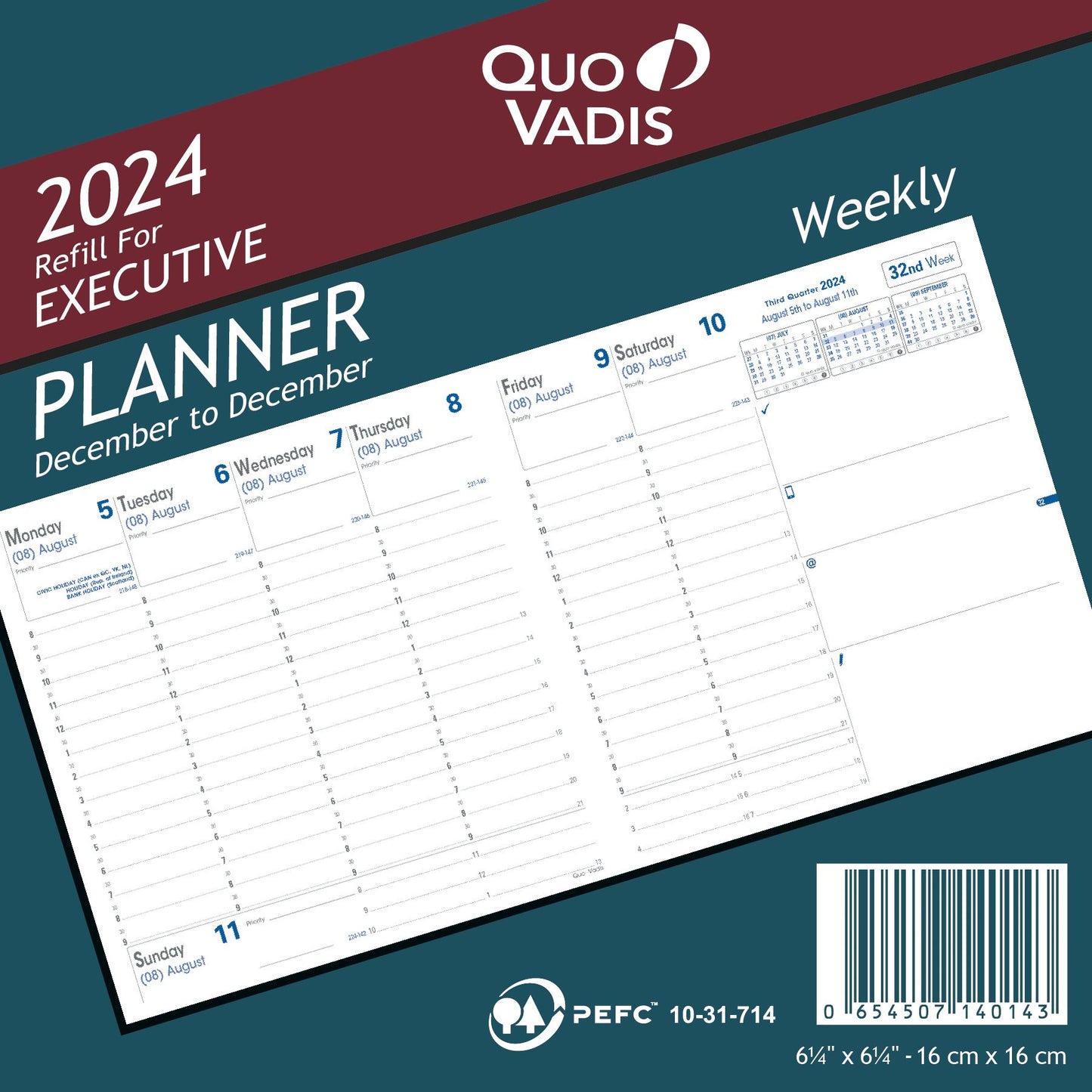 Quo Vadis 2025 Executive Vertical Weekly Planner - Refill Only