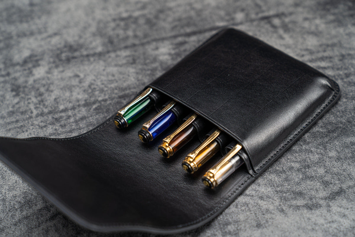 Galen Leather 5 Pen Flap Case - Black