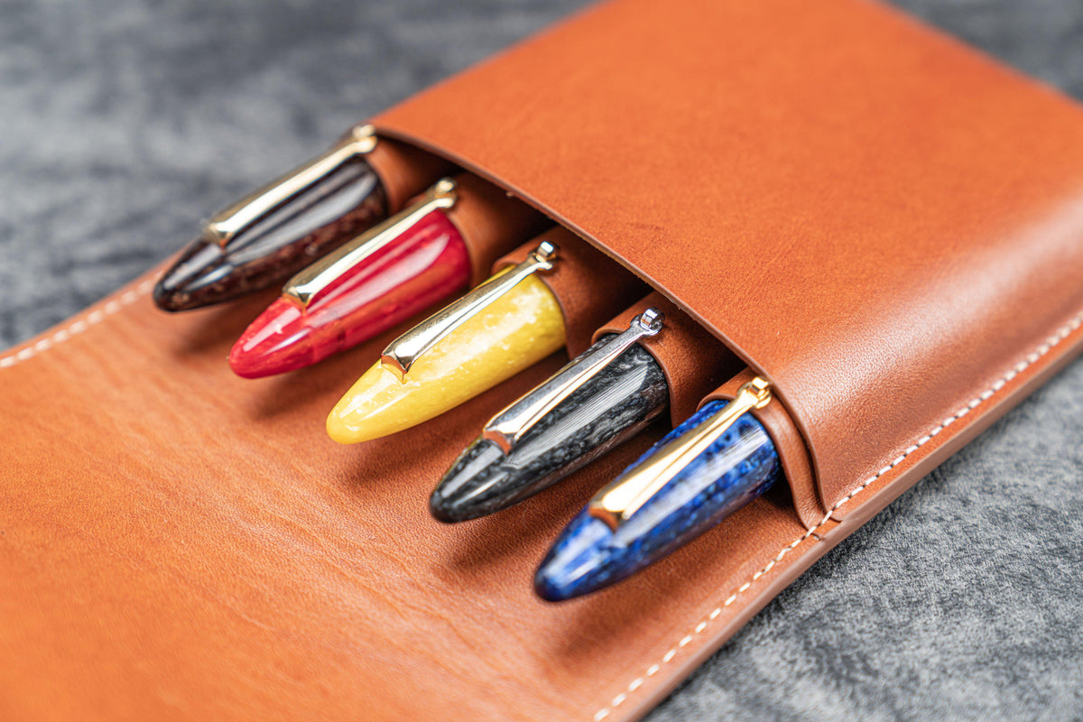 Galen Leather 5 Pen Flap Case - Brown