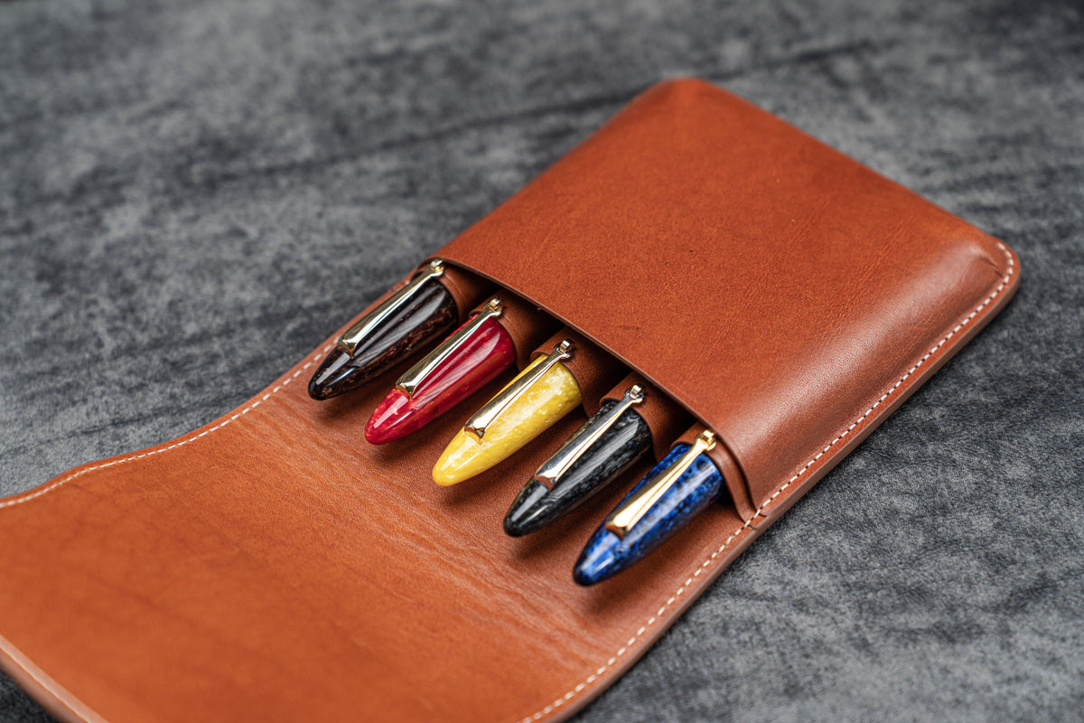Galen Leather 5 Pen Flap Case - Brown