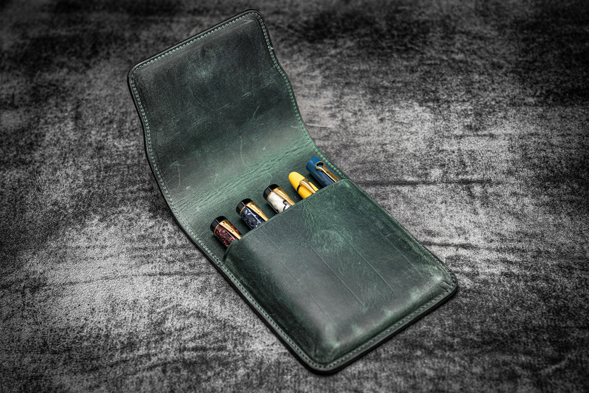 Galen Leather Co. Leather Flap Pen Case for Five Pens - Crazy Horse Forest Green