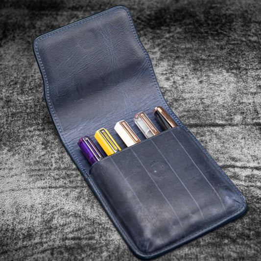 Galen Leather 5 Pen Flap Case - Crazy Horse Navy Blue