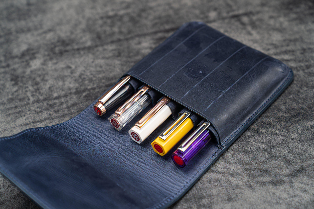 Galen Leather 5 Pen Flap Case - Crazy Horse Navy Blue