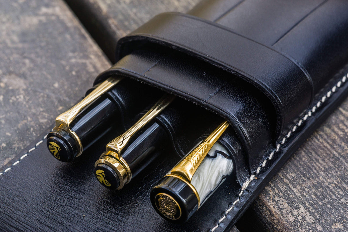 Galen Leather 3 Pen Flap Case - Black