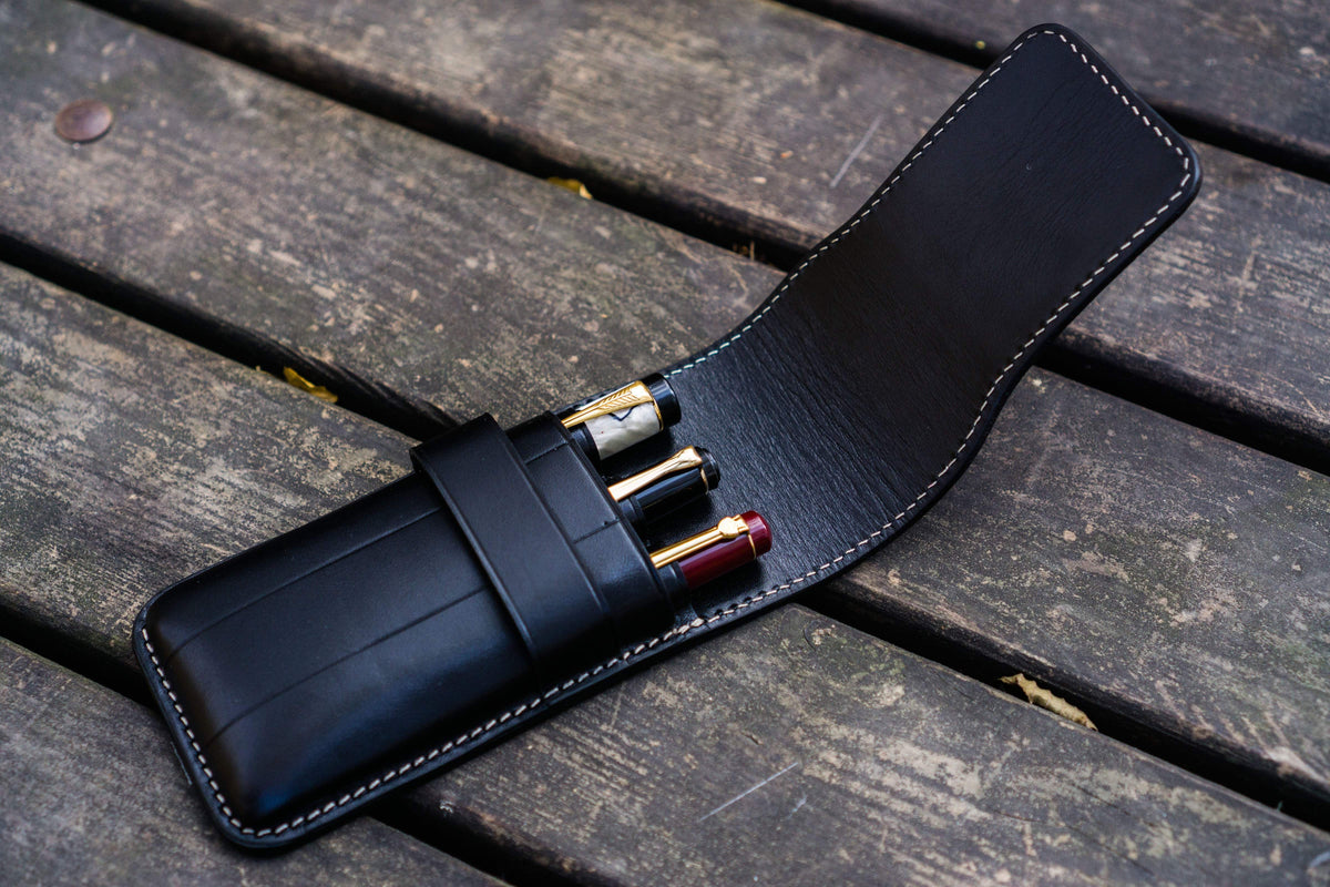 Galen Leather 3 Pen Flap Case - Black