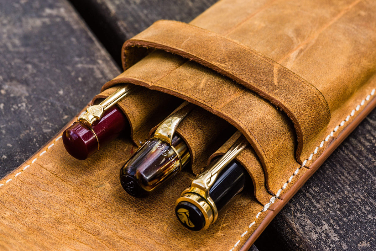 Galen Leather 3 Pen Flap Case - Crazy Horse Brown