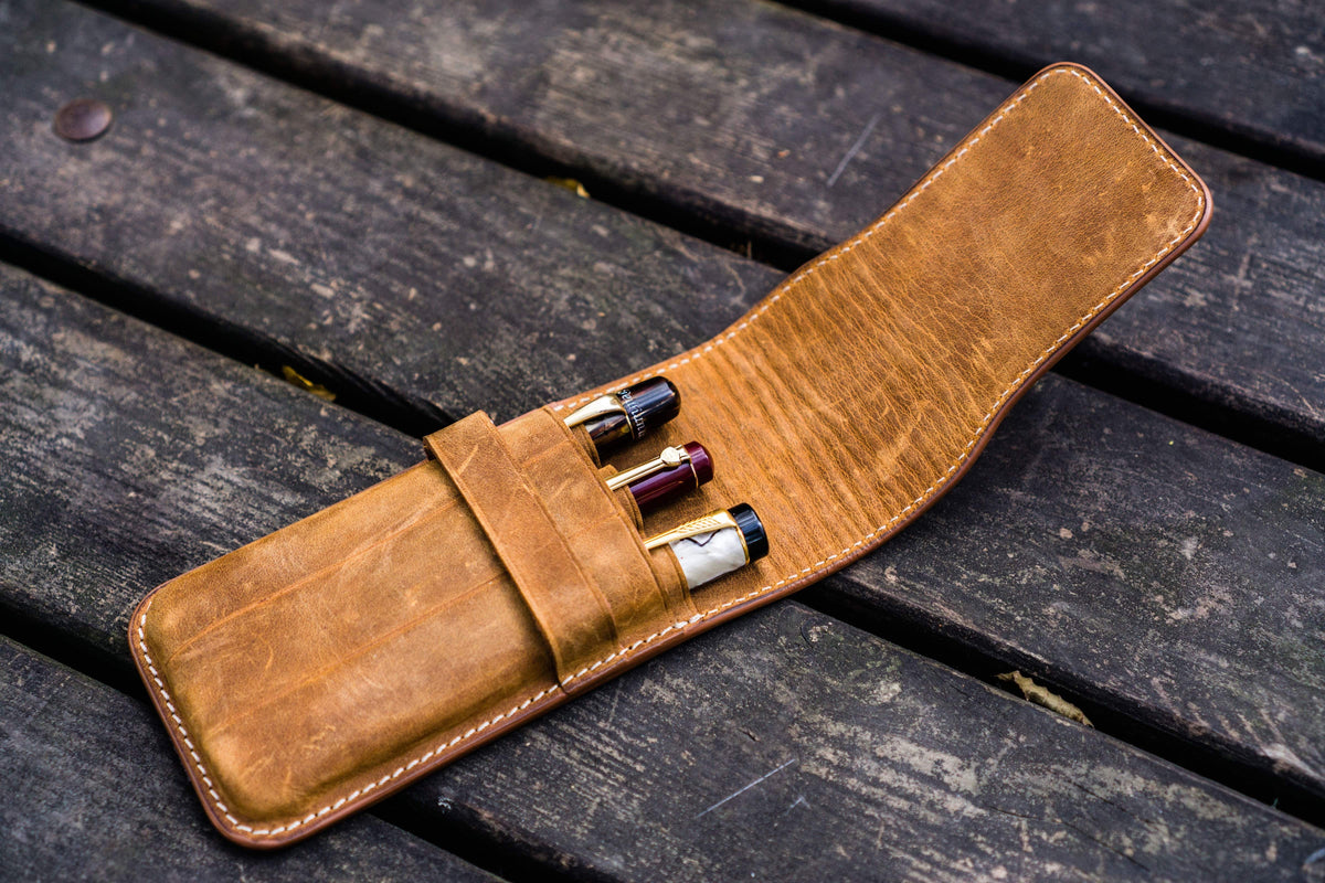 Galen Leather 3 Pen Flap Case - Crazy Horse Brown
