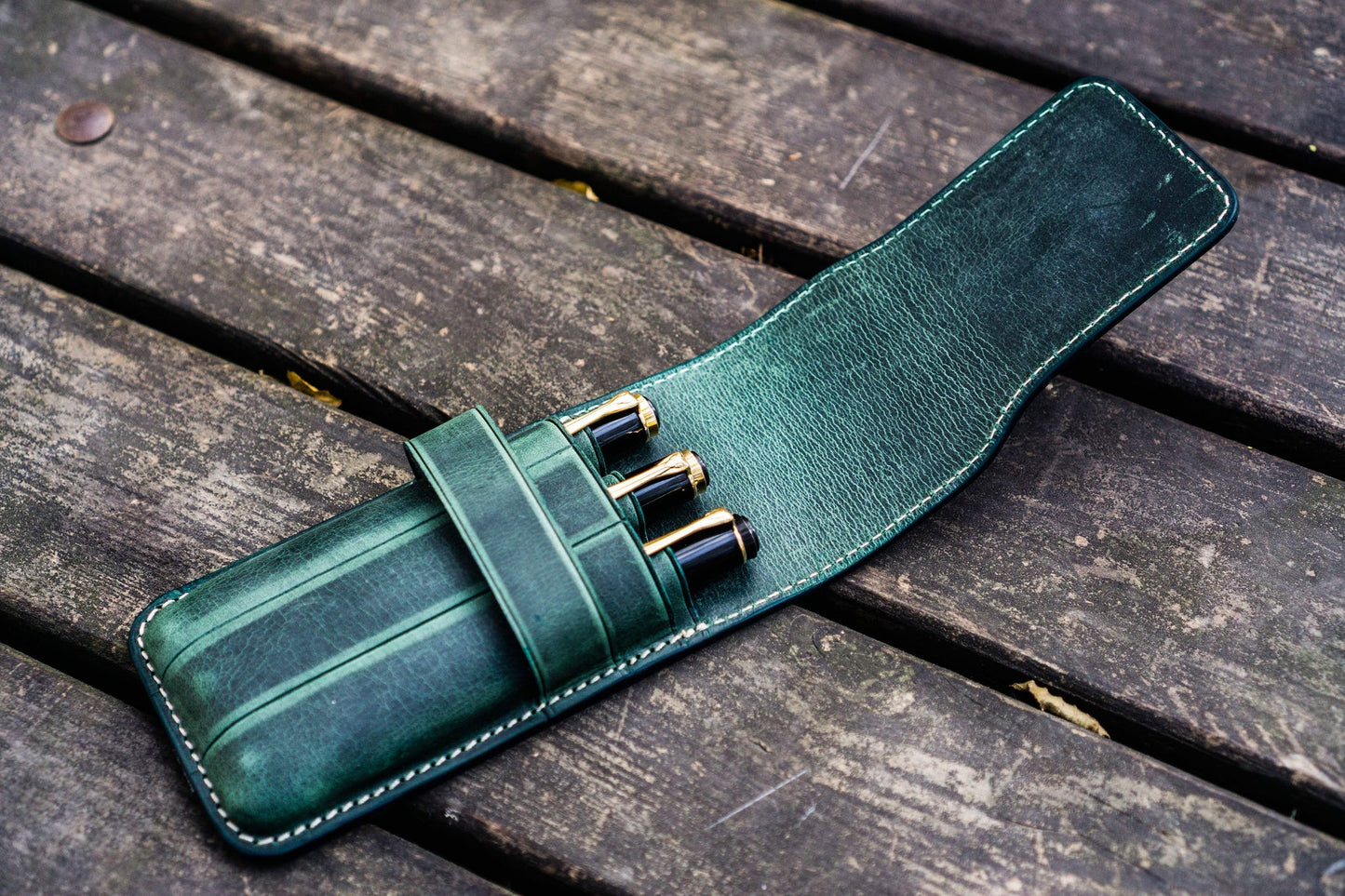 Galen Leather 3 Pen Flap Case - Crazy Horse Forest Green