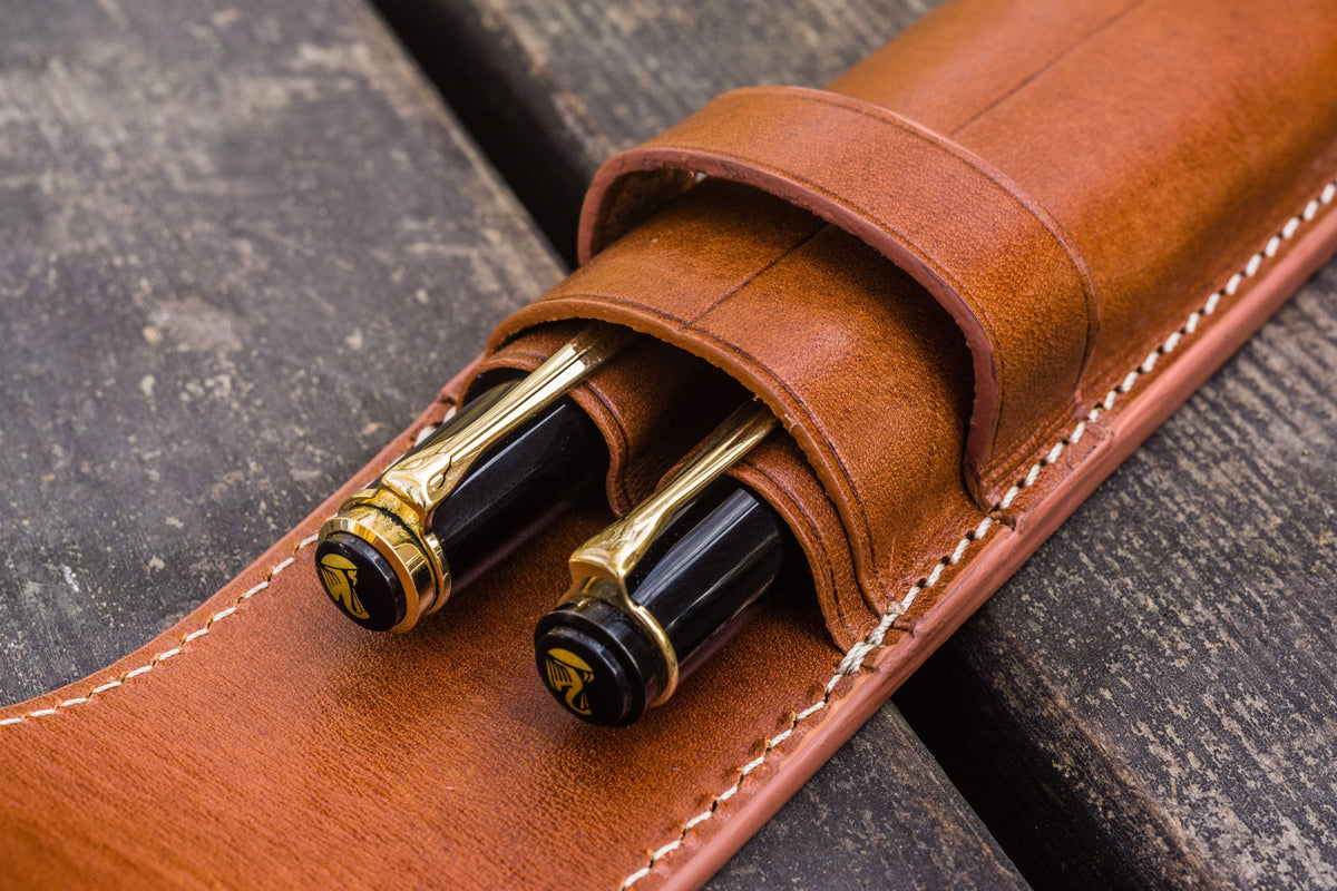 Galen Leather 2 Pen Flap Case - Brown