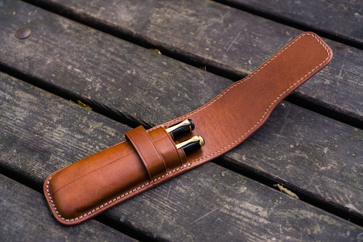Galen Leather 2 Pen Flap Case - Brown