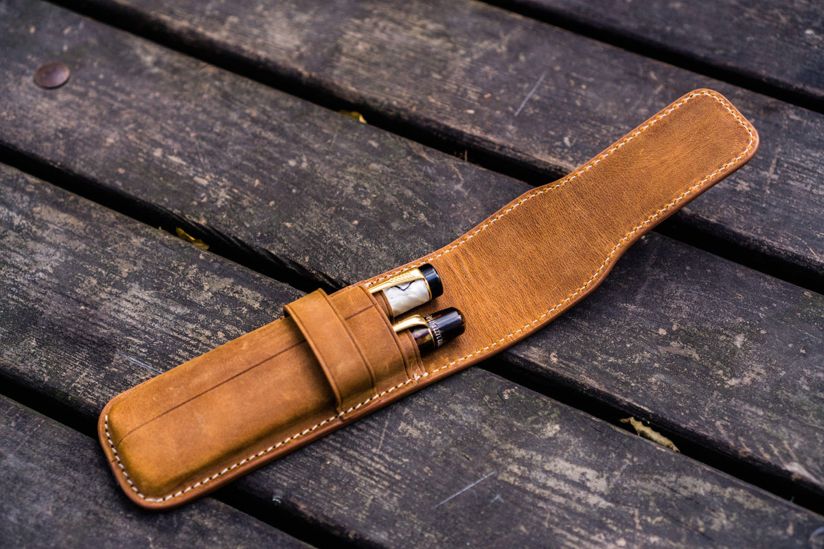 Galen Leather 2 Pen Flap Case - Crazy Horse Brown